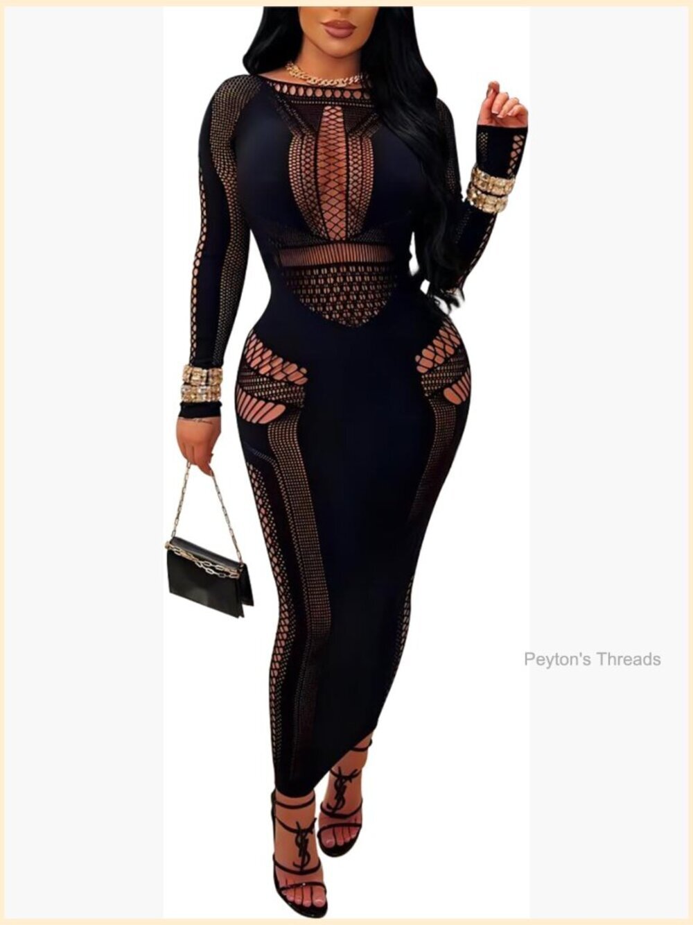 Sexy Hollow Out Long Sleeve See Through Mesh Bodycon Maxi Dress Club Night Out
